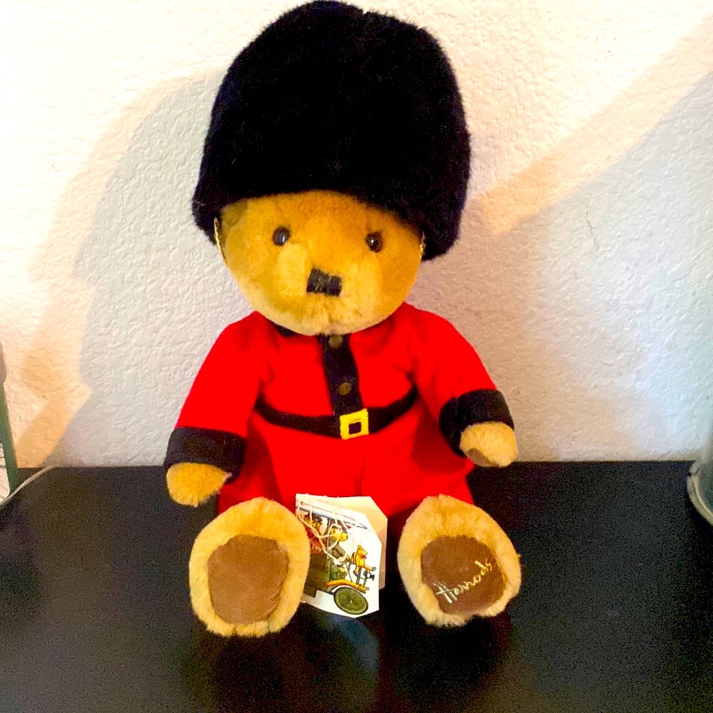 Harrods 10” Vintage Royal Guardsman Plush Bear with original tag in red uniform.